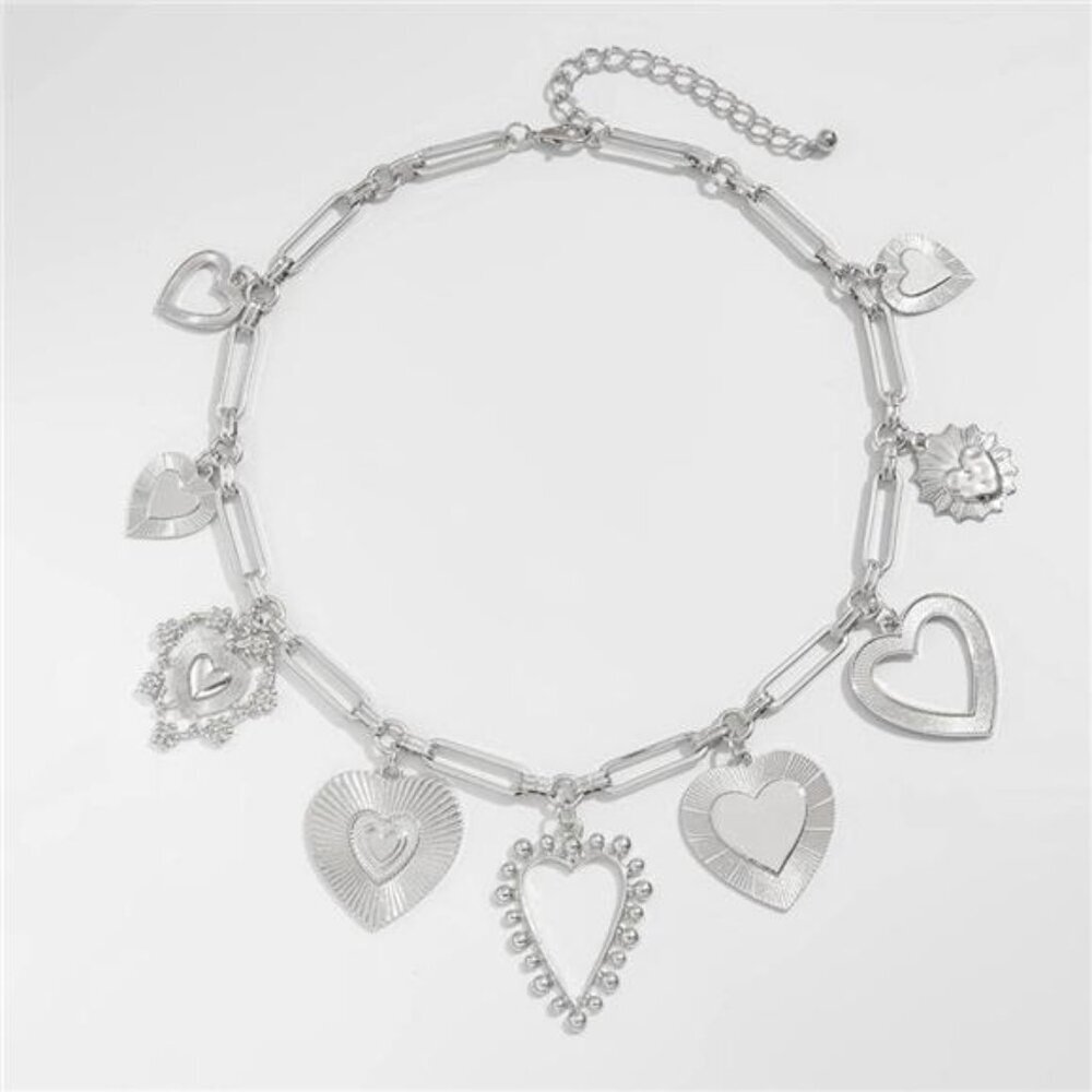 Chunky Heart Pendant Charm Necklace Silver Tone Fashion Layered Jewelry - Picture 6 of 7